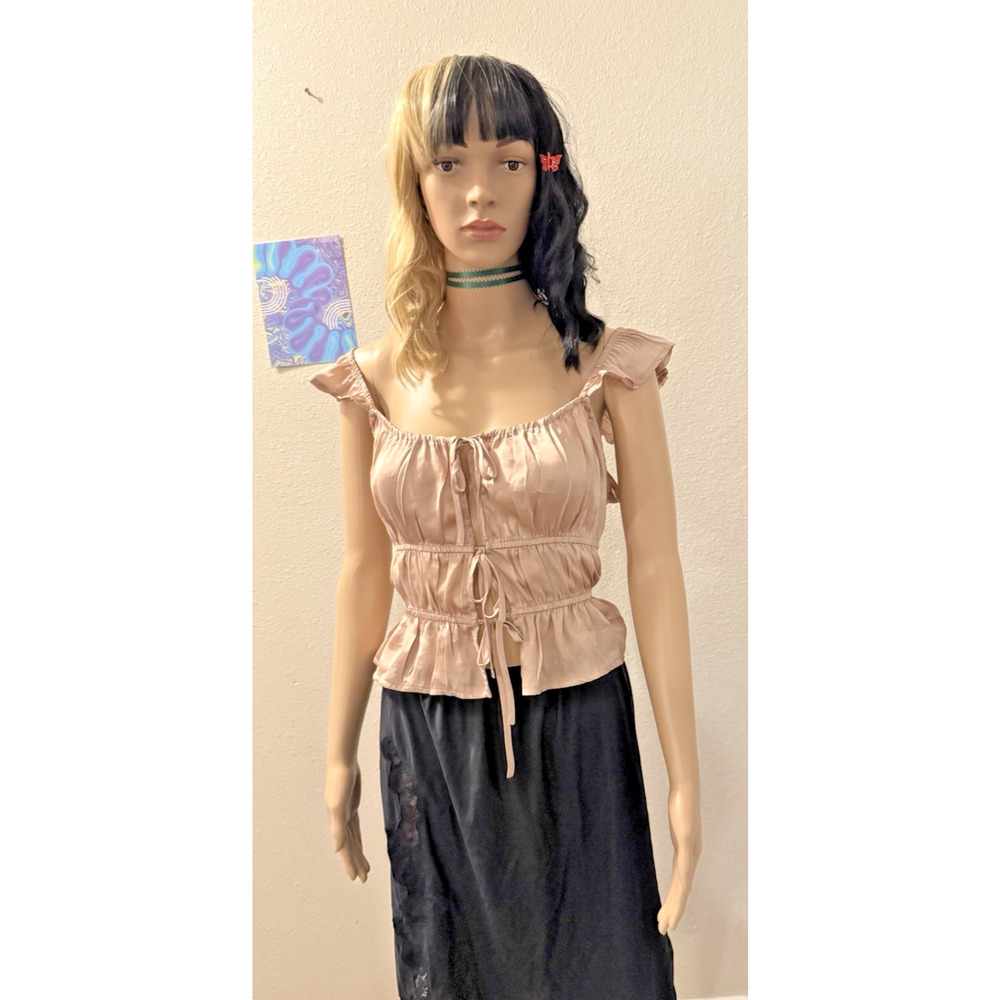 Gold Shimmer Forever 21 Milkmaid Tie Front‎ Ruffle Boho Cottagecore Size L